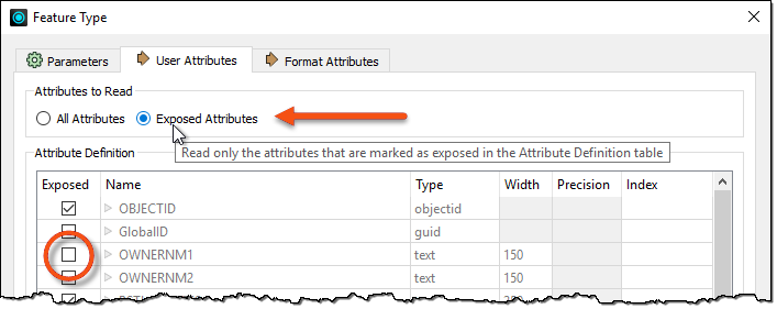 Manually unexposing reader feature type attributes
